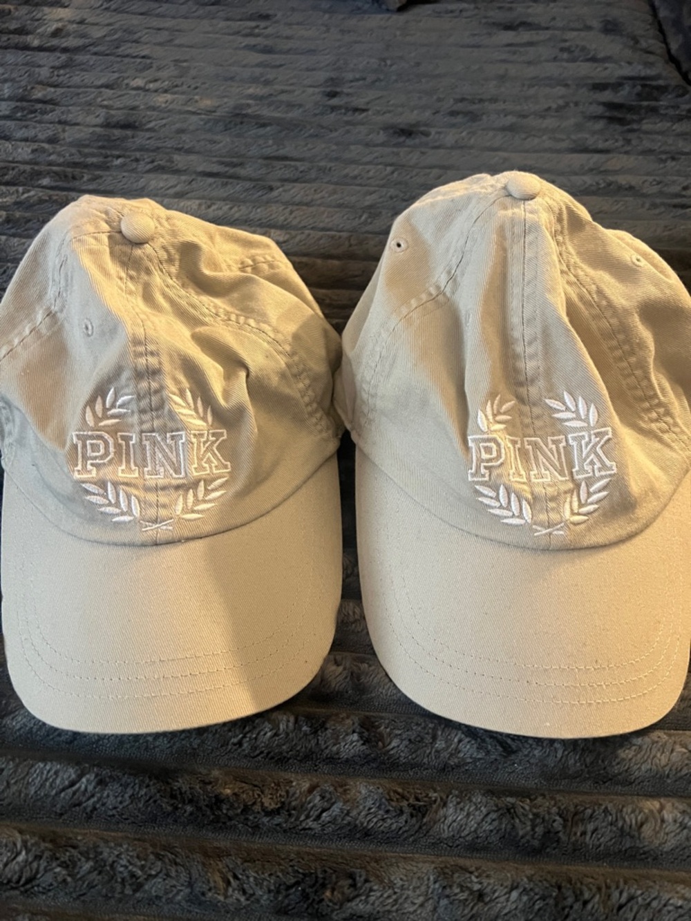 Two PINK Victoria's Secret Beige Baseball Cap with White Embroidered Logo